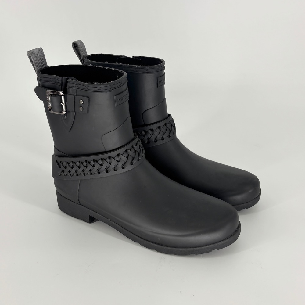 Hunter Refined Biker Rain Boots Woven Strap Black Women Size 9 Rubber Lug Sole